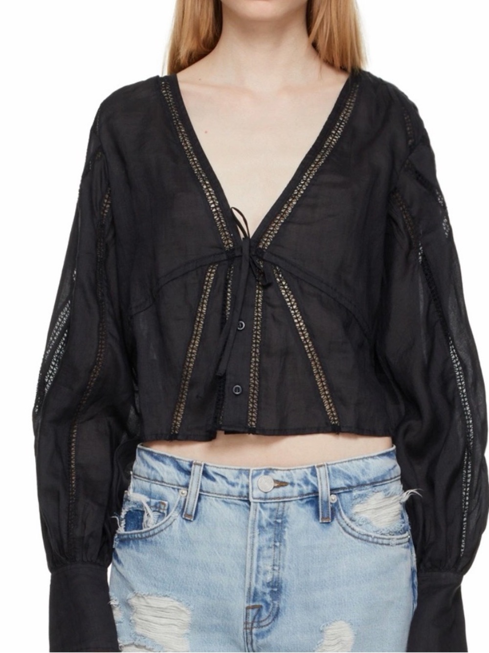 Frame Black Lace-Trim Cropped Tie-Front Top